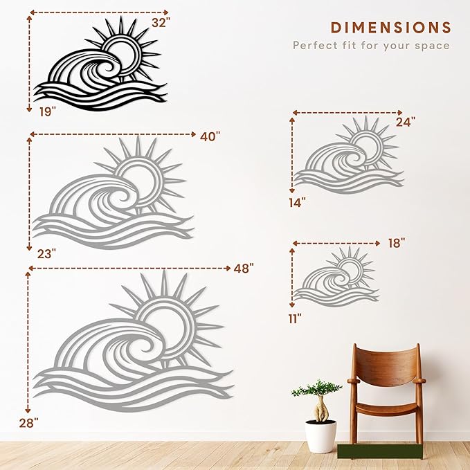 Wita Home Ocean Wave Metal Wall Art, Sun Beach Decor, Coastal Large Wall Sculpture for Home, Indoor/Outdoor Use, Nautical Wall Hanging, Eye-Catching Addition to Living Room (Black, 32 x 19 inches)