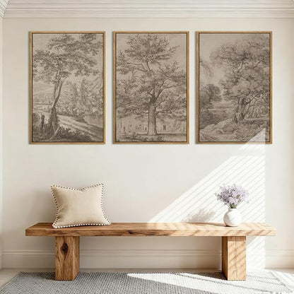 Anyzal Large Vintage Tree Sketchbook Wall Art 16x24 Inch Framed Neutral Forest Landscape Minimalist Woodsy Artwork for Living Room Bedroom Office Set of 3