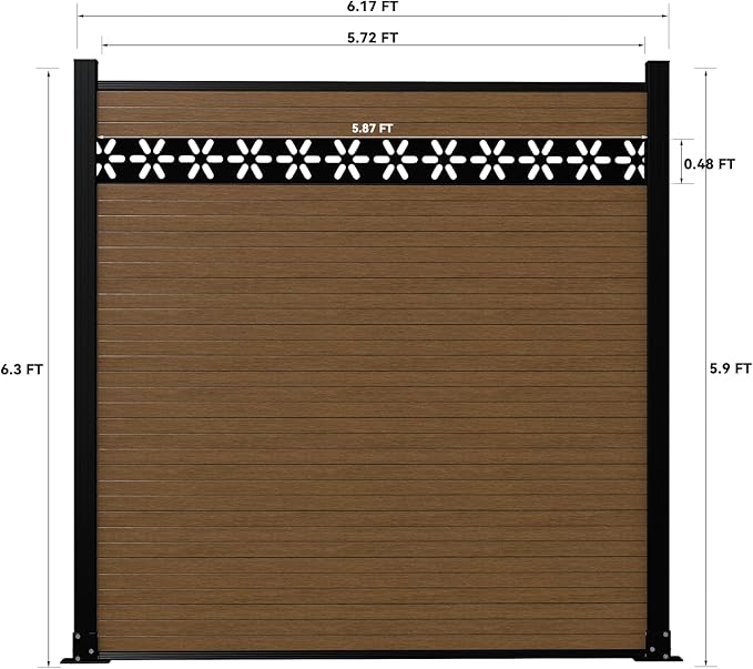6 Feet×6 Feet Privacy Fence, Outdoor Wood Plastic Composite Fence Panel, Waterproof Security Barriers Fencing, WPC(Brown, Floral (1 Panel - 1 Post))