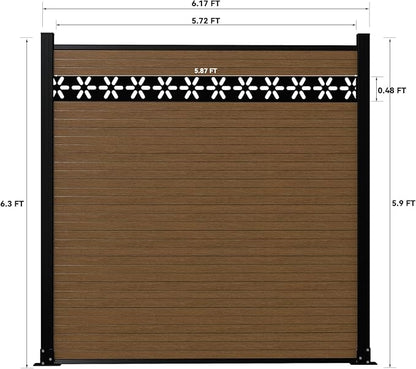 6 Feet×6 Feet Privacy Fence, Outdoor Wood Plastic Composite Fence Panel, Waterproof Security Barriers Fencing, WPC(Brown, Floral (1 Panel - 1 Post))