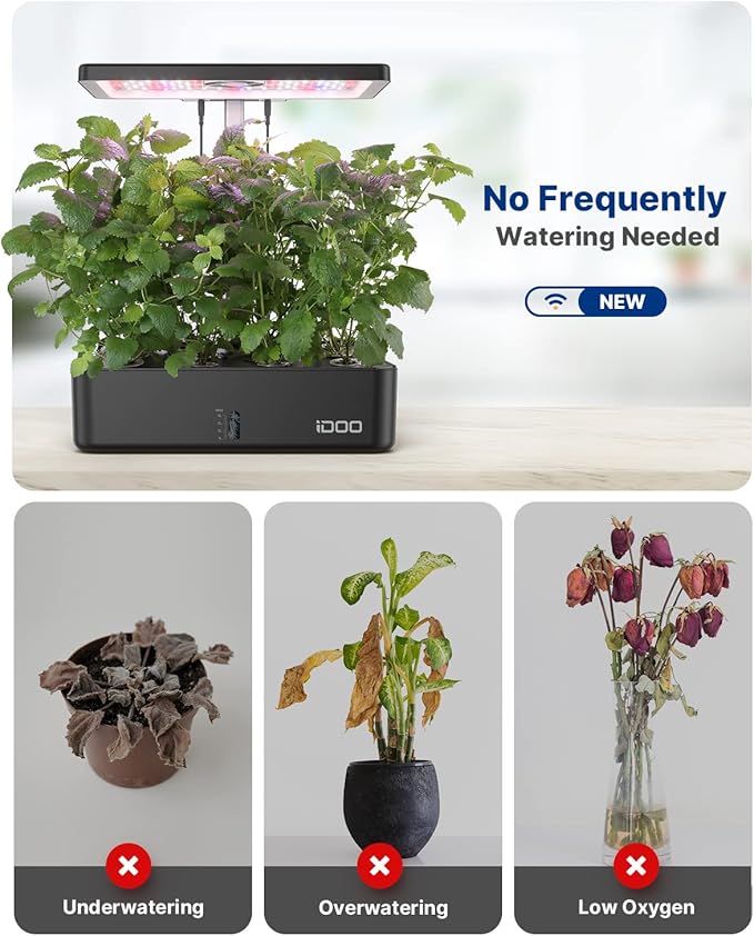 iDOO Hydroponics Growing System Kit 12Pods, Christmas Gifts for Women Mom, Herb Garden Indoor with LED Grow Light for Home, Built-in Fan, Auto-Timer, Adjustable Height Up to 11.3", 12Pods WiFi-Black