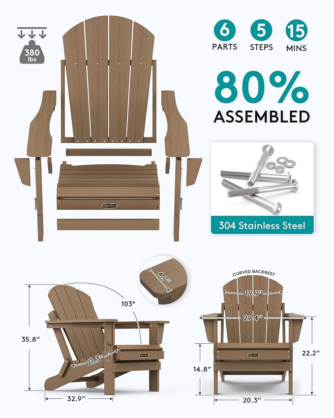 SERWALL Folding Adirondack Chair Set of 4 Outdoor Chairs Painted Adirondack Chair Weather Resistant for Patio Deck Garden, Backyard Deck, Fire Pit- Brown