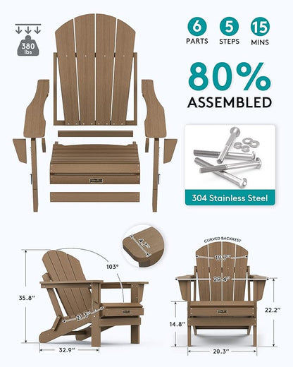 SERWALL Folding Adirondack Chair Set of 2 Outdoor Chairs Painted Adirondack Chair Weather Resistant for Patio Deck Garden, Backyard Deck, Fire Pit- Brown