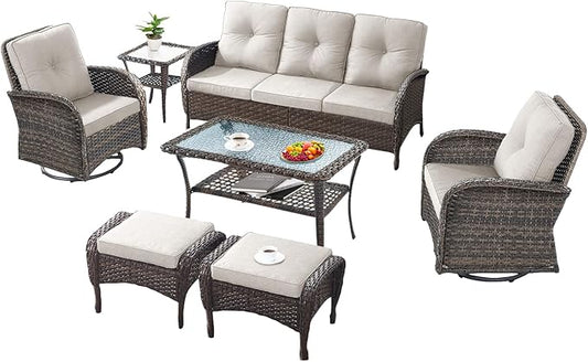 7 Pieces Outdoor Patio Furniture-Swivel Patio Chairs Set of 2 Outdoor Wicker Rattan Sofa Couch with Ottoman Outdoor Conversation Set for Deck Porch Garden Balcony Poolside-Brown/Beige