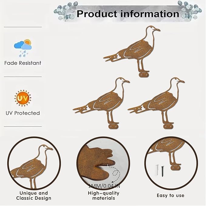 3 Pcs Rusty Seagull Decoration,Outdoor Bird Wall Decor,Rustic Metal Seagull Decorative Garden Stakes and Yard Art,Fence Decorations Outdoor