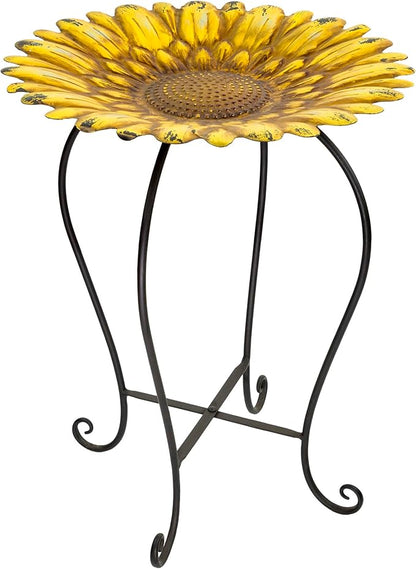 Alpine Corporation 19" H Outdoor Metal Birdbath w/Stylish Stand, Embossed Sunflower Birdbath Bowl and Stand Set, Yellow