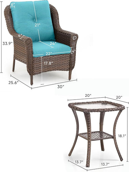 3 Piece Patio Brown Wicker Chairs with Side Table - Outdoor High Back Heavy Duty All-Weather Lawn Dining Rattan Chair Conversation Bistro Set for Deck Porch Balcony Backyard Garden - Turqoise