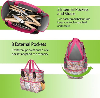Boho Garden Tool Bag - Waterproof Floral Garden Tote with 8 Pockets, Large Storage Home Organizer Gardening Tool Oxford Bag for Garden Tools Kits Holder, Ideal Outdoor Gardening Gift for Women & Men