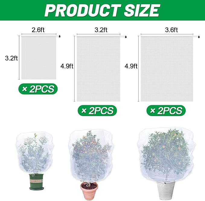 6 Pack Garden Bird Netting for Plants - 3 Size Sun Resistant Blueberry Tomato Protecting Netting with Drawstring, Fine Mesh Fruits Tree Protection Barrier for Block Squirrels Deer