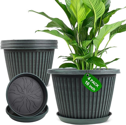 Large-Planter-Indoor-Outdoor Plant Pots, 16 inch 4 Pack Plastic Flower Pots with Saucer And Drainage Holes, Modern Garden Planters For Planting Medium Large Plants, Decorative Resin Garden Pots