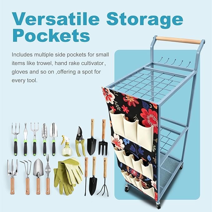 Garden Tool Organizer with Wheels Heavy Duty Yard Tool Organizer Rack with Side Storage Pockets Sturdy Metal Steel Holder with 6 Hooks for Garage, Yard, Patio, Shed