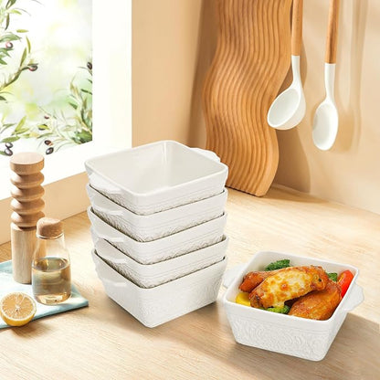 6 Pack 13 OZ Ceramic Baking Dishes, 4.5" Mini Square Bakeware Set, Small Baking Pan with Handle, Individual Casserole Dish for Oven, Roasting, Lasagna, Pie, Gratin, Microwave Safe, White