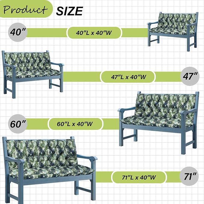 Swing Replacement Cushions with Backrest, 2 or 3 Seater Waterproof Non-Slip Overstuffed Swing Pad, Indoor/Outdoor Bench Cushion for Porch Chair Swings Garden Furniture (Palm Leaves, 40 * 71 in)