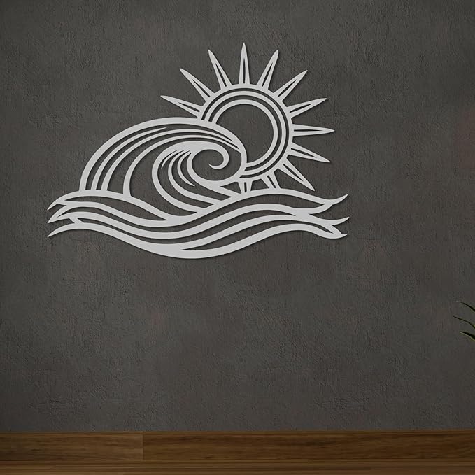 Wita Home Ocean Wave Metal Wall Art, Sun Beach Decor, Coastal Large Wall Sculpture for Home, Indoor/Outdoor Use, Nautical Wall Hanging, Eye-Catching Addition to Living Room (Silver, 24 x 14 inches)