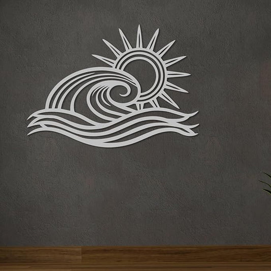Wita Home Ocean Wave Metal Wall Art, Sun Beach Decor, Coastal Large Wall Sculpture for Home, Indoor/Outdoor Use, Nautical Wall Hanging, Eye-Catching Addition to Living Room (Silver, 48 x 28 inches)
