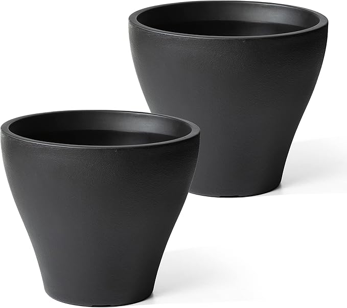 Step2 Fernway Round Planter, Large Planters for Outdoor Plants, Gardening and Flower Pot for Patio or Porch, Efficient Drainage, Durable Plastic, Onyx Black, 2-Pack