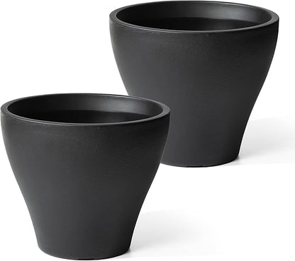Step2 Fernway Round Planter, Large Planters for Outdoor Plants, Gardening and Flower Pot for Patio or Porch, Efficient Drainage, Durable Plastic, Onyx Black, 2-Pack