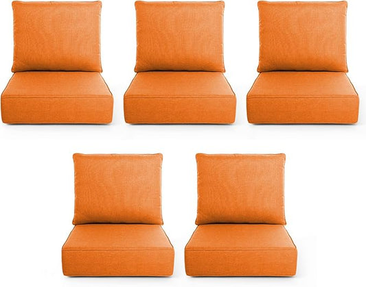 Outdoor Chair Cushions, 6 Inch Thick Patio Seat & Back Cushions Set with Removable Cover, Waterproof Patio Cushions for Outdoor Furniture, 22 x 24 Inch, Orange 5-Set
