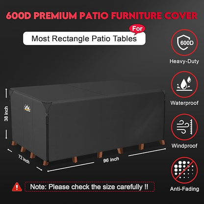 Zettum Patio Furniture Cover Rectangle - 600D Outdoor Table Cover Waterproof & Heavy Duty, Lawn Furniture Set Covers for Outside Rectangular Dining Table and Chairs Seating Combo - 96 x 72 x 38 Inch