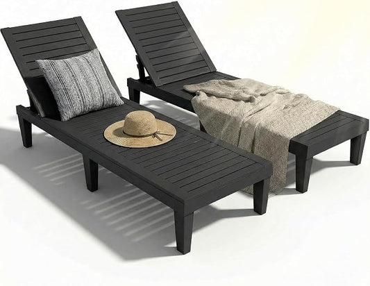 Lounge Chair Outdoor,Set of 2 All-Weather UV-Resistant & Waterproof Patio Lounge Chairs,High-Impact PP 5 Position Adjustable Tanning Chair,Heavy Duty Pool Lounge Chairs Great for Pool & Yard,Black