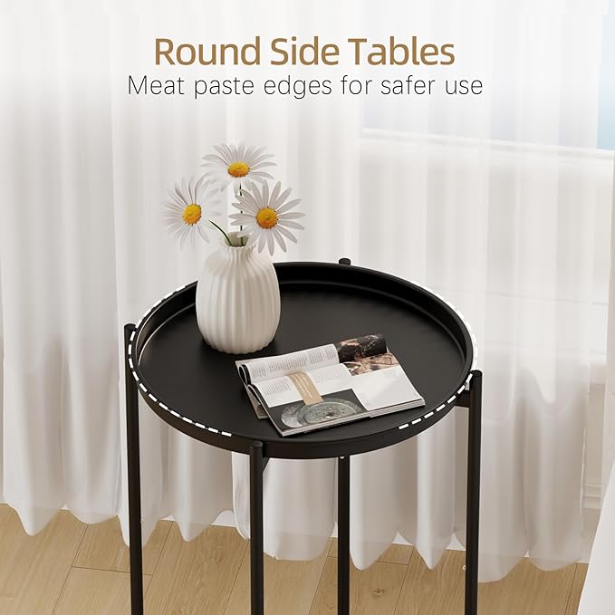 Garden 4 you Small Side Table, Mini Round End Table, Tray Table with Metal Frame, Modern Nightstand for Living Room, Bedroom, Patio, Small Space, 2pcs