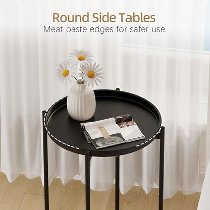 Garden 4 you Small Side Table, Mini Round End Table, Tray Table with Metal Frame, Modern Nightstand for Living Room, Bedroom, Patio, Small Space, 2pcs