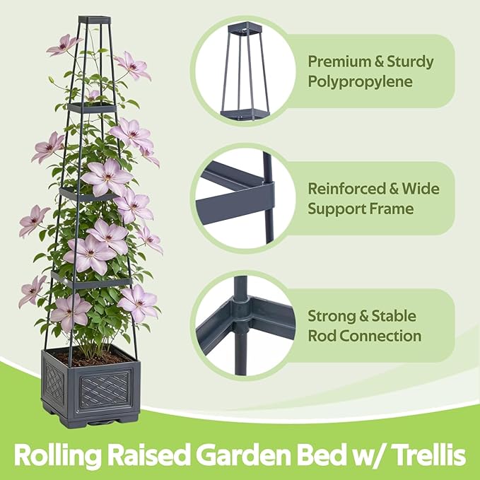 Tomato Planter Box with Trellis - Self-Watering Rolling Raised Garden Bed with Tomato Cages for Climbing Plants - Tomato Trellis with Planter Support for Flower Vegetable Vine Indoor Outdoor