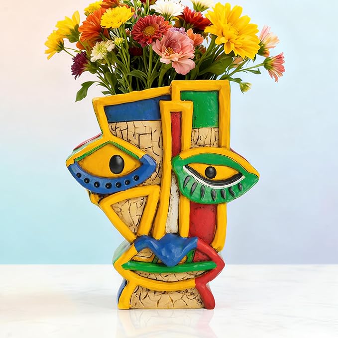 Abstract Face Planter Pot with Drainage Hole - 7.4 Inch Unique Picasso Head Flower Pot, Colorful Resin Art Decor for Indoor Plants, Cute Home & Garden Decor for Succulents