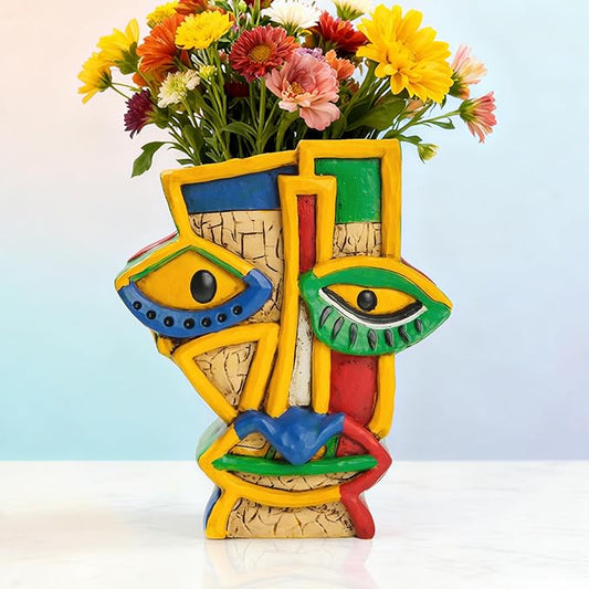 Abstract Face Planter Pot with Drainage Hole - 7.4 Inch Unique Picasso Head Flower Pot, Colorful Resin Art Decor for Indoor Plants, Cute Home & Garden Decor for Succulents