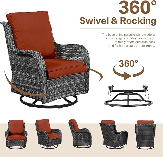 5 Pieces Outdoor Patio Furniture Conversation Set PE Rattan Wicker with 2 Swivel Glider Rocker Chairs, 2 Coffee Table and 1 Loveseat for Yard Backyard Poolside (Grey/Orange)