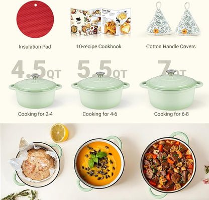 Overmont Enameled Cast Iron Dutch Oven - 4.5QT Pot with Lid Cookbook & Cotton Potholders - Heavy-Duty Cookware for Braising, Stews, Roasting, Bread Baking Verdant