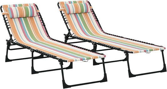 Outsunny Folding Chaise Lounge Chair Outdoor Set of 2 Mesh Seat Rainbow | Foldable, Sun Tanning Chair, Chaise Lounger, 4-Position Reclining Back, for Outside Patio Beach Poolside Backyard