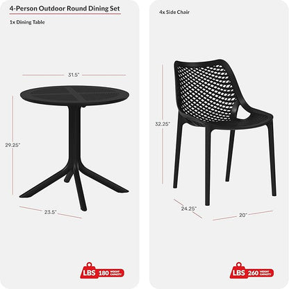 Costaelm Dining Table for 4 with Chair, HDPE Patio Round Dining Table and Stackable Chair, Outdoor Patio Furniture All Weather for Backyard Porch Poolside, Black