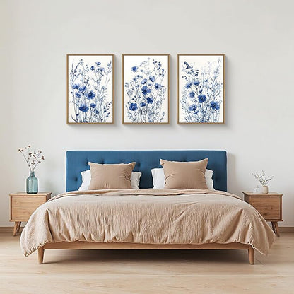 FWIEXA Blue White Wildflower Canvas Wall Art Set of 3, Framed Navy Chinoiserie Watercolor Botanical Pictures Wall Decor, Minimalist Floral Paintings Artwork, 24x36In Florals Prints for Living Room, Bedroom, Bathroom
