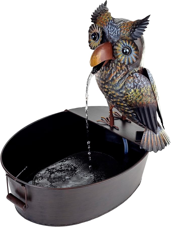 Alpine Corporation NCY294 23" Outdoor Floor Soothing Metal Water Fountain, Vintage Owl Garden Water Feature with Cascading Water for Patio & Backyard Décor, Brown