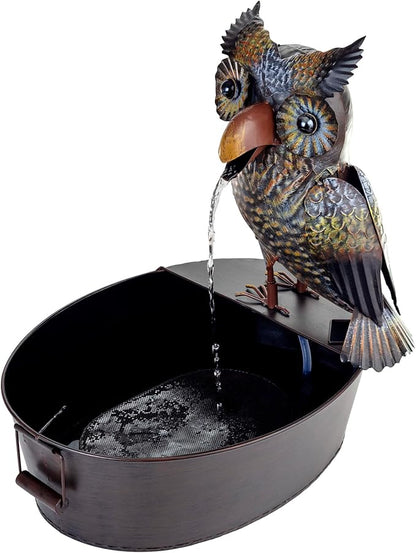 Alpine Corporation NCY294 23" Outdoor Floor Soothing Metal Water Fountain, Vintage Owl Garden Water Feature with Cascading Water for Patio & Backyard Décor, Brown