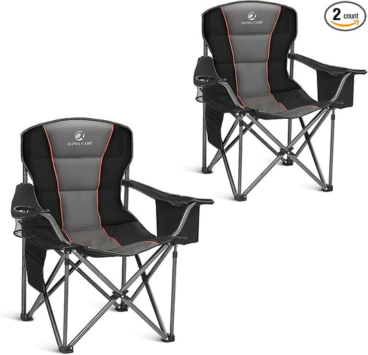 ALPHA CAMP Heavy Duty Camping Chair 500LBS Capacity, Oversized Folding Chair for Heavy People, Padded Portable Outdoor Chair with Cooler Bag & Cup Holder for Camping, Fishing, Beach