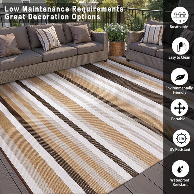 HUGEAR Outdoor Waterproof Rug 5'x8' Plastic Straw Rugs Washable Reversible Floor Mat Brown Stripe Carpet for Camping RV Deck Entryance Porch Picnic Balcony Beach Backyard