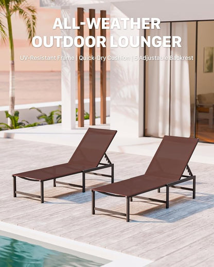 Patio Lounge Chair, Aluminum, 5 Adjustable Backrest, 1 PieceBrown | Lightweight rustproof aluminum.5 adjustable backrest positions.Breathable quick-dry fabric.For poolside,beach,lawn,backyard.