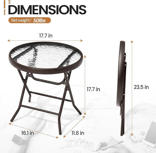 Foldable Side Table with Tempered Glass Top 18" Outdoor Folding Side Table Small Glass Patio Tables for Porch Yard Balcony Deck Lawn Dining Garden (Brown)
