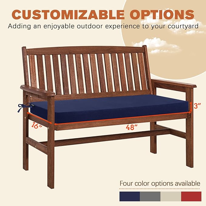 Favoyard Outdoor Bench Cushion 48 x 16 Inch Rainproof Patio Furniture Cushions 3-Year Color Fastness Garden Settee Porch Pads with Ties, Blue