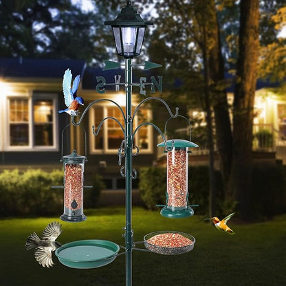 Yinns Bird Feeder with Pole Outdoor, Shepherds Hook for Birdfeeder, Multi Feeder Hanging with Solar Lamp, Tube Feeder, Bird Bath and Flower Pot for Attracting Wild Birds, 58 inch