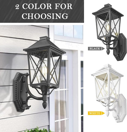 Darkaway Outdoor Wall Light Fixture,2pcs Outside Porch Lights Wall Mounted Seeded Glass Exterior Waterproof Lantern Modern E26 Socket Wall Sconce Lighting for Front Door Yard Patio