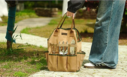 Canvas Tool Bag, 16OZ Waxed Canvas Garden Tool Tote - with 3 Inner Slots & 8 Outer Pockets & Portable Handle, Gardening Tool Storage Bag for Gardener Florist Workshop - Khaki