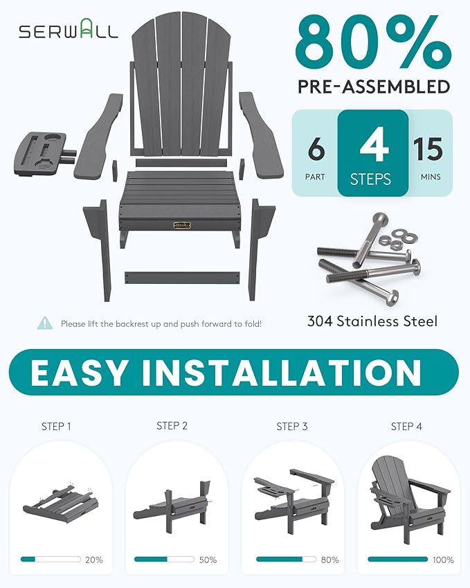 SERWALL Folding Adirondack Chair, Patio Adirondack Chairs with 4 in 1 Cup Holder, Weather Resistant Plastic Fire Pit Chair for Outdoor, Garden, Backyard, Deck - Blue