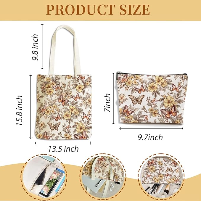 Flower Plant Lover Gifts for Women Canvas Tote Bag with Makeup Bag Cosmetic Bags Grocery Bags for Shopping Christmas