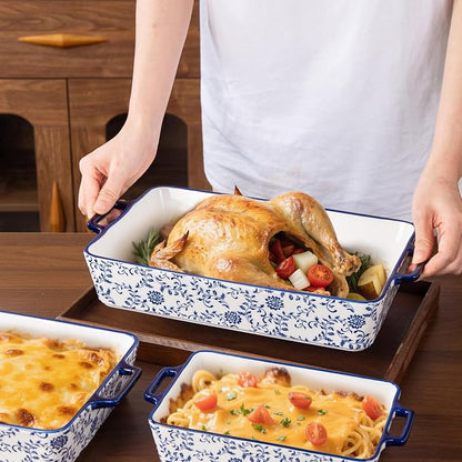 Ceramic Bakeware Set - Casserole Dish Baking Dishes for Oven - Rectangular Lasagna Pans with Handles for Kitchen Cooking - Microwave & Dishwasher Safe - Set of 3 (15.1''/13.6''/9.9'') - Blue