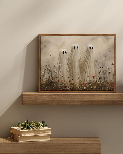 InSimSea Framed Canvas Prints Art Vintage Decor, Cute Ghosts in Wildflower Meadow Painting, Moody Spooky Halloween Fall Wall Art for Living Room Bedroom Bathroom Halloween Wall Decor, 12x16inch