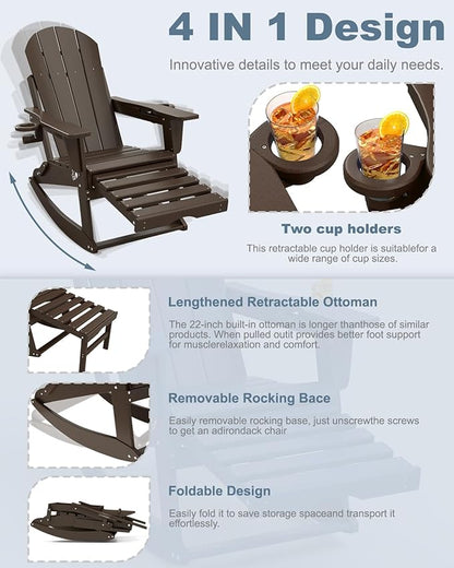 Adirondack Rocking Chairs Set of 2 with Retractable Ottoman, All Weather Folding Adirondack Chair with Two Cup Holders, Adirondack Outdoor Rocking Chairs for Porch, Patio, Balcony. Coffee