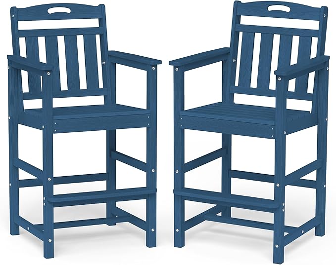 Ciokea Oversized Tall Bar Chairs Set of 2, HDPE Adirondack Outdoor Bar Chairs with Footrest, All-Weather Barstools with High Back for Balcony, Bistro, Porch, Deck, Pool, Backyard, Navy Blue